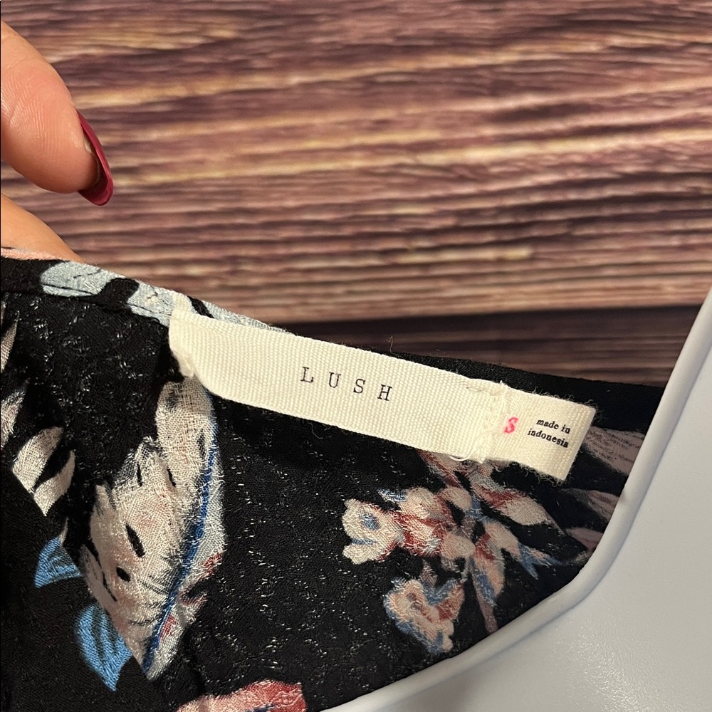 Lush Floral Wrap Blouse - Cold Shoulder Black and Blue and Pink - Picture 5 of 7